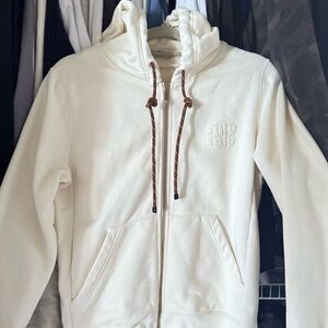 Cream Zip-Up Hoodie with Brown Drawstrings